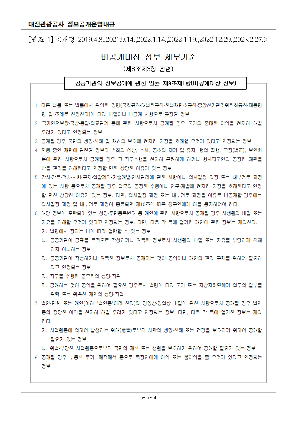 비공개대상 정보 세부기준(개정 2023.2.27.)